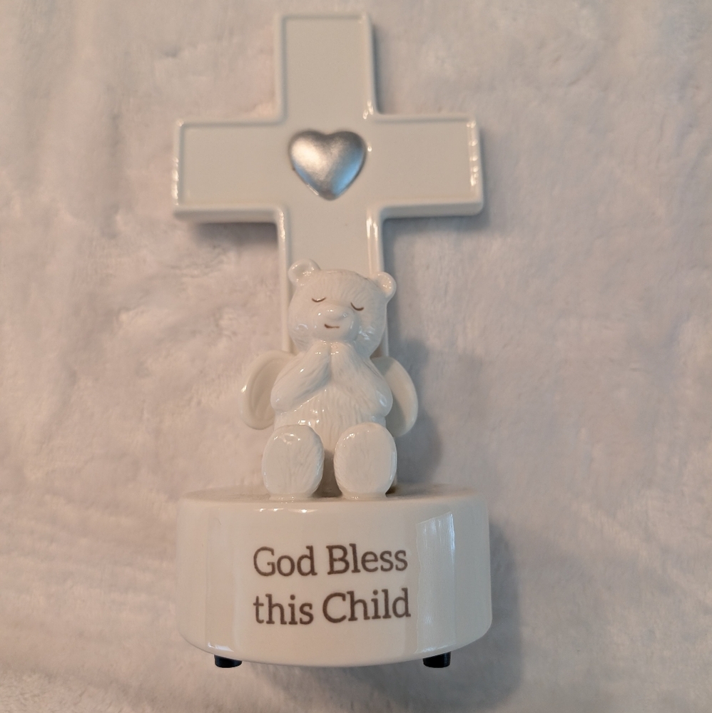 DEMDACO Bless This Child White Resin Cross with Bear Figurine
